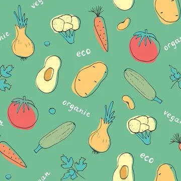 Vegetables seamless pattern. Vegetarian healthy bio food background, Vegan or Stock Illustration