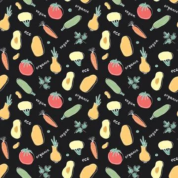 Vegetables seamless pattern. Vegetarian healthy bio food background, Vegan or Illustrazione stock