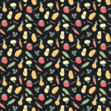 Vegetables seamless pattern. Vegetarian healthy bio food background, Vegan or Stock Illustration