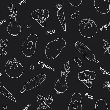 Vegetables seamless pattern. Vegetarian healthy bio food background, Vegan or 스톡 일러스트