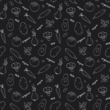 Vegetables seamless pattern. Vegetarian healthy bio food background, Vegan or Illustrazione stock
