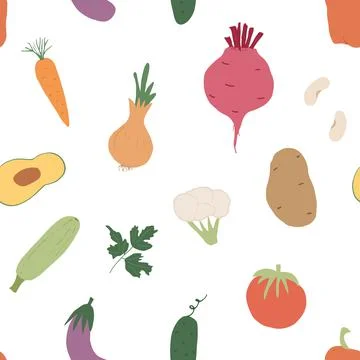 Vegetables seamless pattern. Vegetarian healthy bio food background, Vegan or 스톡 일러스트