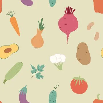 Vegetables seamless pattern. Vegetarian healthy bio food background, Vegan or Stock Illustration