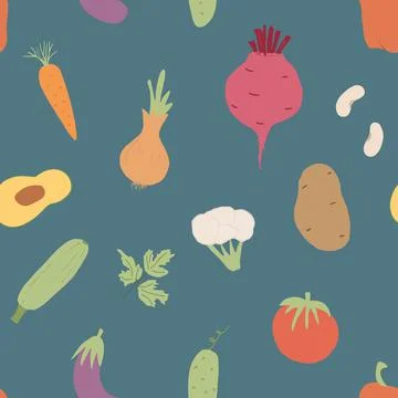 Vegetables seamless pattern. Vegetarian healthy bio food background, Vegan or Stock Illustration