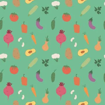 Vegetables seamless pattern. Vegetarian healthy bio food background, Vegan or Stock Illustration