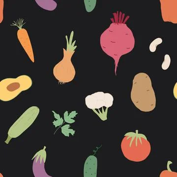 Vegetables seamless pattern. Vegetarian healthy bio food background, Vegan or Stock Illustration