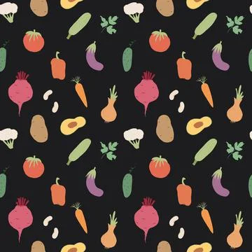 Vegetables seamless pattern. Vegetarian healthy bio food background, Vegan or 스톡 일러스트