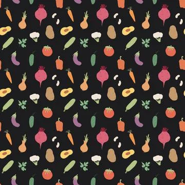 Vegetables seamless pattern. Vegetarian healthy bio food background, Vegan or Stock Illustration
