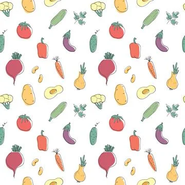 Vegetables seamless pattern. Vegetarian healthy bio food background, Vegan or 스톡 일러스트