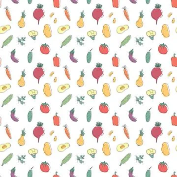 Vegetables seamless pattern. Vegetarian healthy bio food background, Vegan or Illustrazione stock
