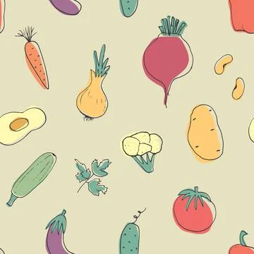 Vegetables seamless pattern. Vegetarian healthy bio food background, Vegan or 스톡 일러스트
