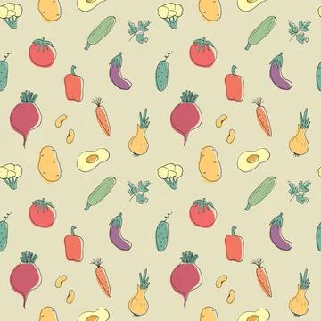 Vegetables seamless pattern. Vegetarian healthy bio food background, Vegan or 스톡 일러스트