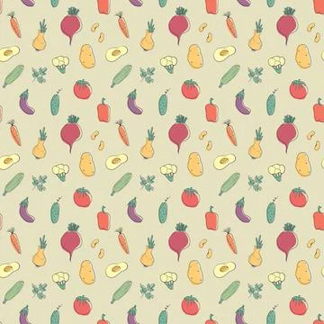 Vegetables seamless pattern. Vegetarian healthy bio food background, Vegan or Stock Illustration