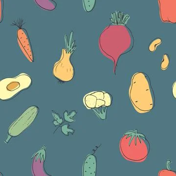 Vegetables seamless pattern. Vegetarian healthy bio food background, Vegan or 스톡 일러스트