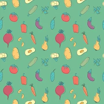 Vegetables seamless pattern. Vegetarian healthy bio food background, Vegan or Stock Illustration