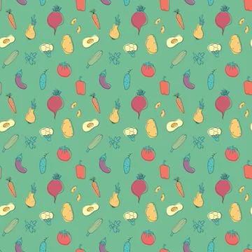 Vegetables seamless pattern. Vegetarian healthy bio food background, Vegan or Stock Illustration