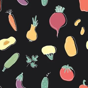Vegetables seamless pattern. Vegetarian healthy bio food background, Vegan or Illustrazione stock
