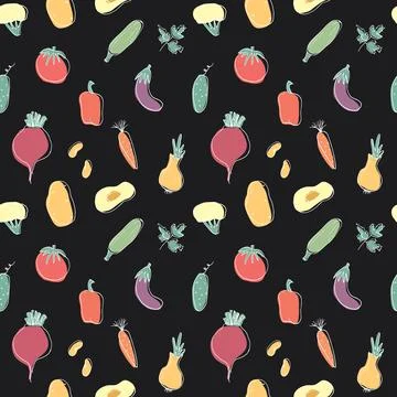 Vegetables seamless pattern. Vegetarian healthy bio food background, Vegan or 스톡 일러스트