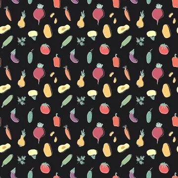 Vegetables seamless pattern. Vegetarian healthy bio food background, Vegan or Stock Illustration
