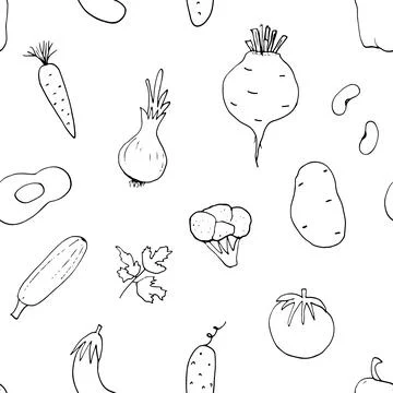 Vegetables seamless pattern. Vegetarian healthy bio food background, Vegan or Stock Illustration