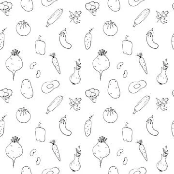 Vegetables seamless pattern. Vegetarian healthy bio food background, Vegan or Stock Illustration