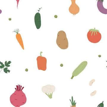 Vegetables seamless pattern. Vegetarian healthy bio food background, Vegan or Stock Illustration