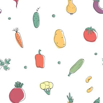 Vegetables seamless pattern. Vegetarian healthy bio food background, Vegan or Stock Illustration
