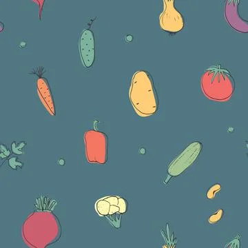 Vegetables seamless pattern. Vegetarian healthy bio food background, Vegan or Stock Illustration