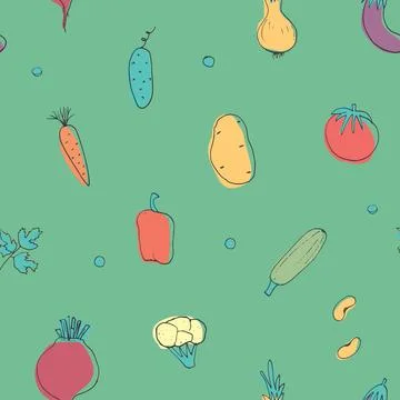 Vegetables seamless pattern. Vegetarian healthy bio food background, Vegan or 스톡 일러스트