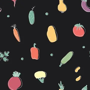 Vegetables seamless pattern. Vegetarian healthy bio food background, Vegan or Stock Illustration