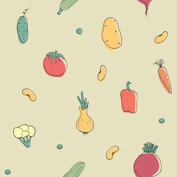 Vegetables seamless pattern. Vegetarian healthy bio food background, Vegan or Stock Illustration