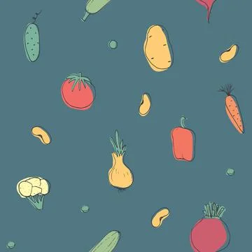 Vegetables seamless pattern. Vegetarian healthy bio food background, Vegan or Stock Illustration
