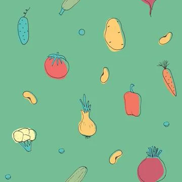 Vegetables seamless pattern. Vegetarian healthy bio food background, Vegan or Stock Illustration