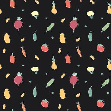 Vegetables seamless pattern. Vegetarian healthy bio food background, Vegan or Stock Illustration