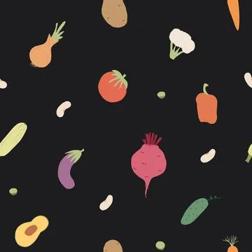 Vegetables seamless pattern. Vegetarian healthy bio food background, Vegan or Stock Illustration