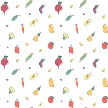 Vegetables seamless pattern. Vegetarian healthy bio food background, Vegan or Stock Illustration
