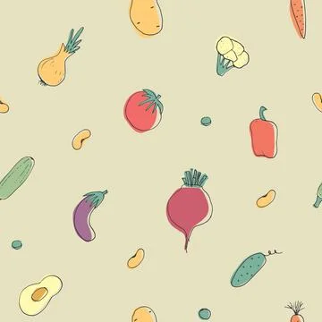 Vegetables seamless pattern. Vegetarian healthy bio food background, Vegan or Stock Illustration