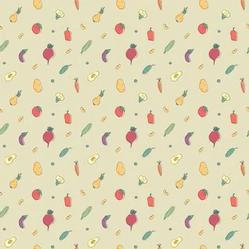 Vegetables seamless pattern. Vegetarian healthy bio food background, Vegan or Stock Illustration