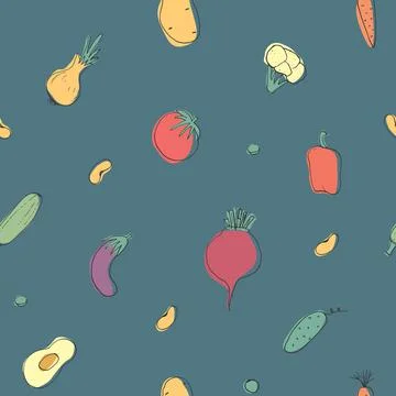 Vegetables seamless pattern. Vegetarian healthy bio food background, Vegan or Stock Illustration