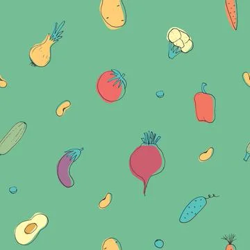 Vegetables seamless pattern. Vegetarian healthy bio food background, Vegan or 스톡 일러스트