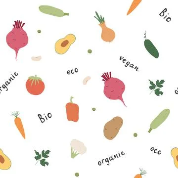 Vegetables seamless pattern. Vegetarian healthy bio food background, Vegan or 스톡 일러스트