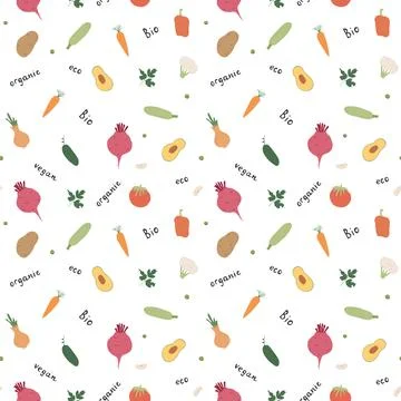 Vegetables seamless pattern. Vegetarian healthy bio food background, Vegan or Stock Illustration