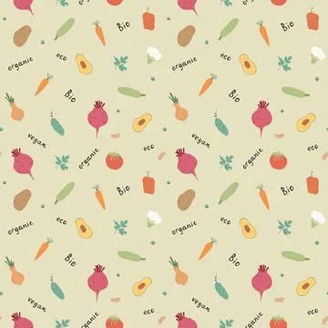Vegetables seamless pattern. Vegetarian healthy bio food background, Vegan or Stock Illustration