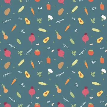 Vegetables seamless pattern. Vegetarian healthy bio food background, Vegan or Stock Illustration