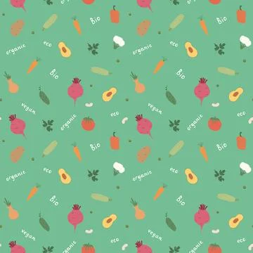 Vegetables seamless pattern. Vegetarian healthy bio food background, Vegan or Stock Illustration