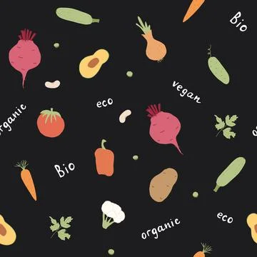 Vegetables seamless pattern. Vegetarian healthy bio food background, Vegan or Stock Illustration