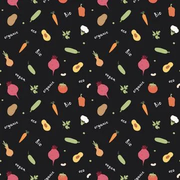 Vegetables seamless pattern. Vegetarian healthy bio food background, Vegan or Stock Illustration