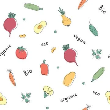 Vegetables seamless pattern. Vegetarian healthy bio food background, Vegan or Stock Illustration