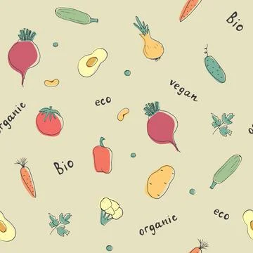 Vegetables seamless pattern. Vegetarian healthy bio food background, Vegan or Stock Illustration