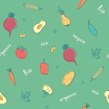 Vegetables seamless pattern. Vegetarian healthy bio food background, Vegan or Illustrazione stock